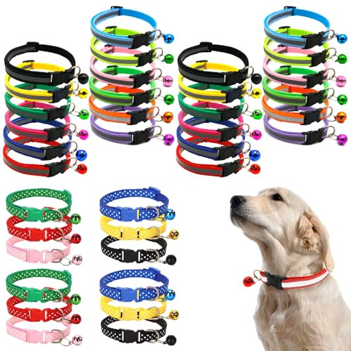 40 Stück Welpenhalsbänder, 19–32 cm, verstellbare Katzen-ID-Halsbänder mit Glöckchen, reflektierende Schnalle, Halsband, abreißbares Erkennungshalsband, Wurfhalsband für Welpen, Kätzchenstreu