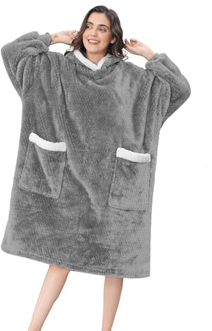 VHOME Oversized Hoodie Decke, Übergroßer Damen Herren mit Ärmeln und Kapuze Tragbare Decke, Superweiche und Warme Erwachsene Decken Für Weihnachts Geburtstags Geschenke Hell Grau 110x80cm