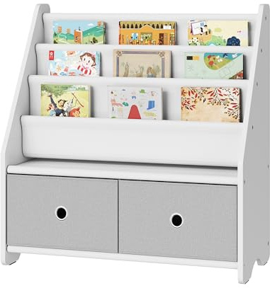 CHOEZON Kids Bookshelf and Toy Storage, 4 Tier Large Capacity Kids Book Rack, Sling Kid Bookcase, for Kids Room, Nursery, Playroom, White and Gray MCW06WT