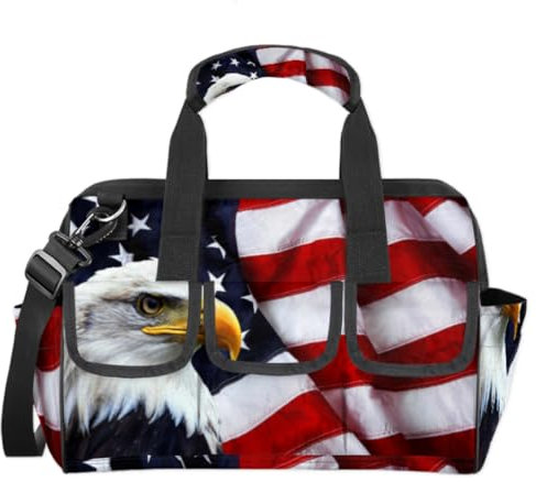 Amerikanische Flagge Adler Werkzeugtasche Amerikanische Multifunktions-Werkzeug-Organizer Handtasche Elektriker Handwerker mit Schultergurt Tote Werkzeugtaschen für Werkzeuge Kleinteile