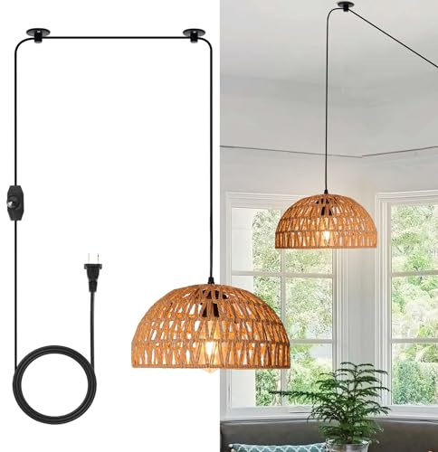 HuisMier Rattan Hanging Lamp Plug in Pendant Light with 15 Ft Plug in Cord, Wicker Woven Basket Lampshade Hanging Light with Dimmable Switch, Boho Plug in Pendant Light for Kitchen Farmhouse Bedroom