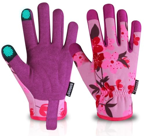 Gartenhandschuhe für Damen, Herren und Frauen, Touchscreen-Fingerhandschuhe zum Rosenbeschneiden, atmungsaktiv, bequem, Mikrofaser-Leder, Gartengeschenke für Hof und Camping (Rosa, M (1 Stück))