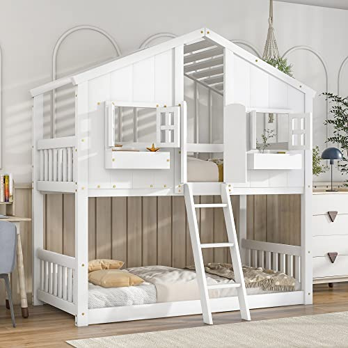 PVWIIK Twin House Bunk Beds,Solid Wood Playhouse Bunk Bed, White