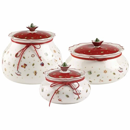 Villeroy & Boch Toy's Delight Lot de 3 boîtes de conservation en 3 tailles (14 cm, 20 cm, 21 cm), boîtes à pâtisseries/biscuits avec décoration de Noël, porcelaine de qualité supérieure, blanc/rouge
