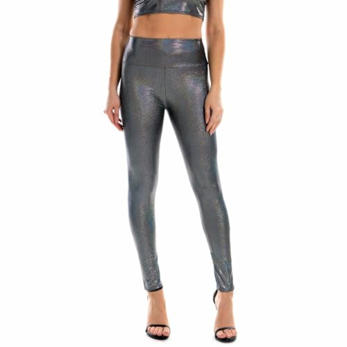 NewL Dam glänsande metalliska holografiska leggings sexig hög midja elastiska smala byxor ankel långa gotiska leggings, Svart, M (Smal)