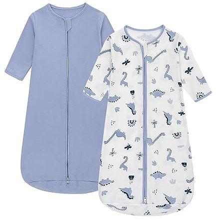 2er Pack Babyschlafsack tragbare Babydecke aus 100% Baumwolle langärmliger Schlafsack für Kleinkinder von 0 bis 18 Monaten (Blau + Dinosaurier, L)