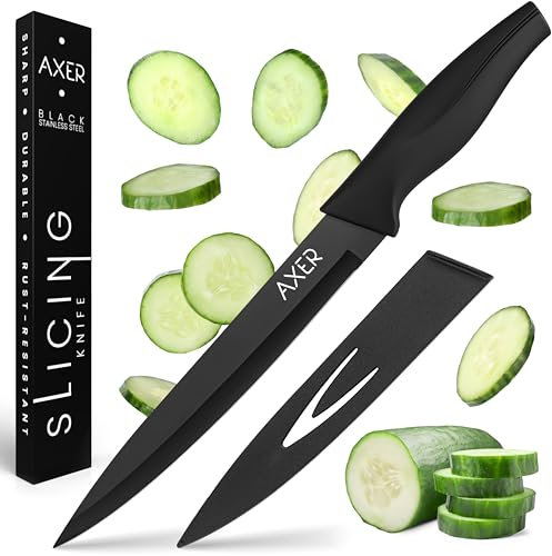 Axer Scharfe Messer Küche 20 cm - Fleischmesser Küchenmesser Sharf - Tranchiermesser Kochmesser Schneidemesser - Scharfes Küchenmesser - Kitchen Knife - Allzweckmesser, Schwarz