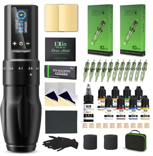 INKin Tattoo Maschine Set, Tattoo Set mit Kabelloser Tattoo Maschine, Verstellbare Anschläg 2,0-4,0mm und 1600mAh Batterien, Tattoo Nadeln Set and Tattoo Ink für Tattoo Anfänger und Künstle