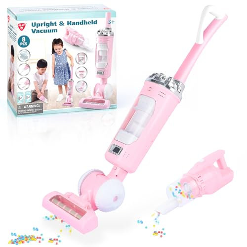 PLAY 2 in 1 Kinder Staubsauger Set, Elektrischer Staubsauger Spielzeug mit Eva-Granulat, Saugen und Soundfunktion, Staubsauger Putzset für Kinder, Jungen und Mädchen ab 3 Jahren (Rosa)