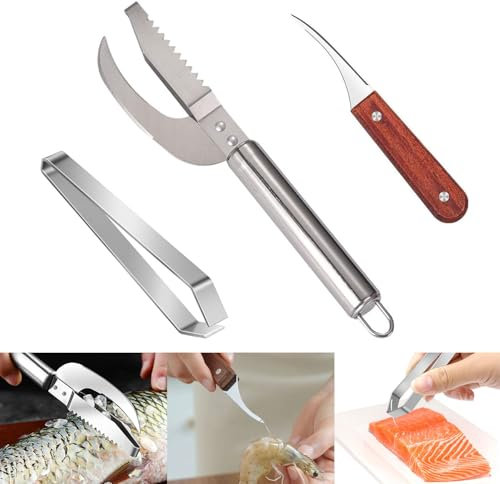 Srvauyea 3 Pezzi Squamatore per Pesci, Squamatore Pesce Professionale, Coltello per Squame di Pesce, Raschietto per Pesce con Pinzetta per lische di Pesce e Coltelli Linea Gamberetti per Pesce e Carne