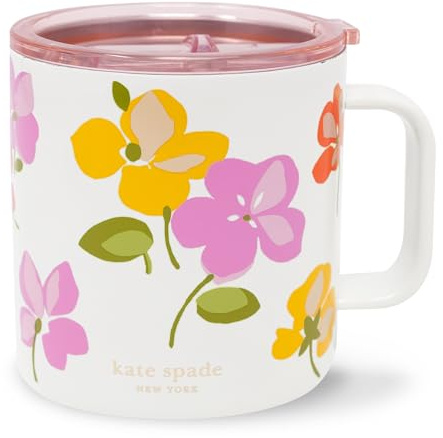 kate spade new york Stainless Steel Insulated Mug with Handle and Lid, 16 Ounce Double Wall Tumbler, Reusable Coffee Travel Mug for Hot and Cold Drinks (Spring Pansies)