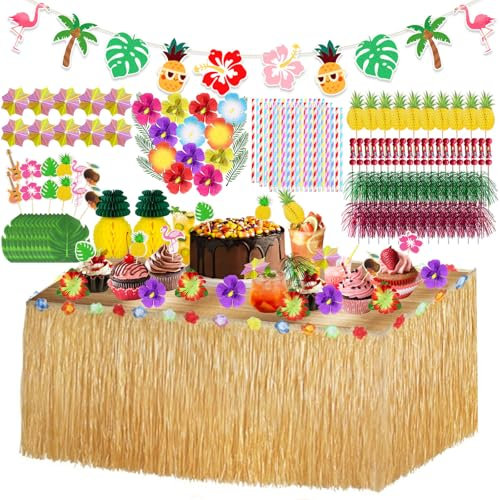 HavaCue 200 Pcs Hawaiian Party Decorations Set, Luau Grass Table Skirt, Fireworks Toothpicks, Paper Straws, Hawaiian Flowers, Palm Leaves,3D Pineapples for Tropical Jungle Beach Summer