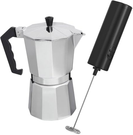 Pack Cafetera Italiana y Espumador De Leche (6 CUPS) Cafetera Italiana-Cafetera Moka de Aluminio para Cocina Vitroceramica, Electrica, Gas-Inlcuye Batidora Eléctrica de Mano en Acero Inoxidable