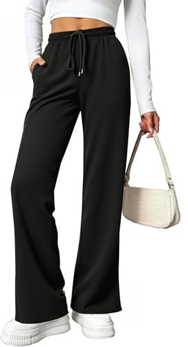 Totatuit Pantalon Large Femme Taille Haute Pantalon de Yoga et Jogging Détente Long avec Poches Style Confortable et Élégant Noir，L