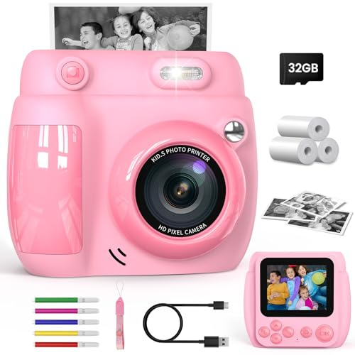 Gofunly Appareil Photo Instantané Enfant 2,4 Pouces - Caméra Vidéo Numérique 1080P avec Carte 32GB & 3 Rouleaux de Papier, Cadeau de Noël Anniversaire pour Garçons Filles de 3 à 12 Ans (Rose)