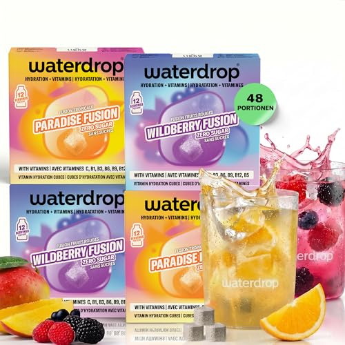 waterdrop® FUSION set - Cubetti per Acqua - 48 Cubi (4x12) Mix Frutti Tropicali e di Bosco - Senza Zucchero con Vitamina C e Vitamina B12 - Alternativa ai Succhi di Frutta - 5 kcal