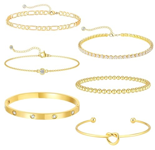 6Pcs Gold Bracelet for Women, 14K Gold Plated Stacking Bracelets Rope Cuban Figaro Herringbone Bead Chain Bracelets Adjustable CZ Link Gold Bracelet Set for Women Girls