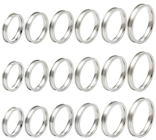 SUNNYCLUE 1 Box 6 Größen 18 Stück Edelstahl 4mm Gravur Rohlinge Inlay Ringe Silberne Ringrohlinge Metall Breit Leer Runder Kern Gerillt Größe 7 12 Fingerbefunde Für Schmuckherstellung Basteln Halskett
