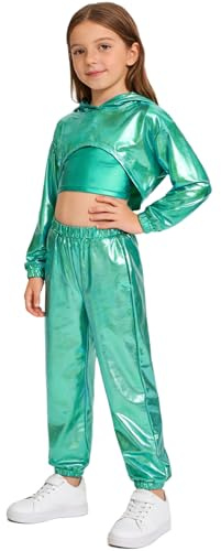 Kaerm Set di 3 Completi da Danza Hip Hop Bambine Ragazze Tuta da Ginnastica Artistica Hoodie Felpa con Cappuccio + Cannottiera + Pantaloni Abbigliamento da Jogging Verde chiaro 9-10 anni