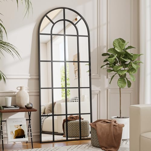 Koonmi Arched Grid Full Length Mirror with Stand, 60 x 165 cm, Black | Tempered glass, Shatter-resistant design, Decorative grid design, Suitable for bedrooms/dressing areas and hallways/entryways