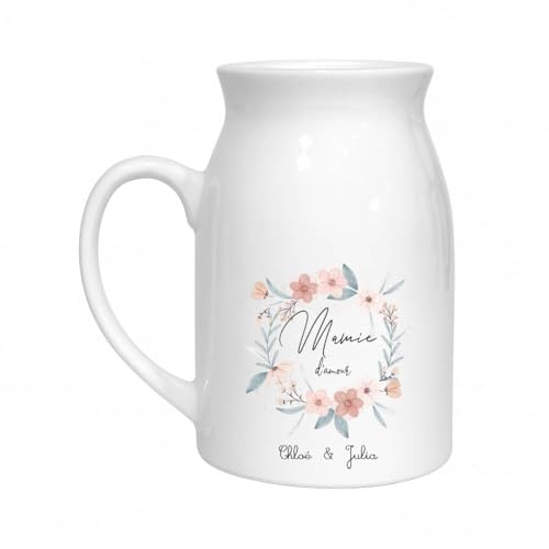Pot à lait céramique 450 ml personnalisé prénoms – “Mamie d’amour” – Cadeau grand-mère/fête des mamies – Vase déco multi-usage – Lave-vaisselle