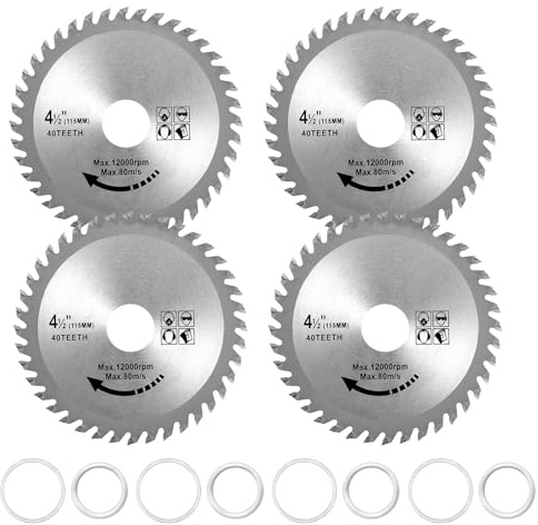 HEUIOP 4PCS 115mm Angle Grinder Wood Cutting Discs, 8PCS Speed ​​Shift Ring, 40T Carbide Circular Saw Blades 4.5 for Cutting Wood Disc Carbide Saw Blades,Multi-Purpose Grinder Blades