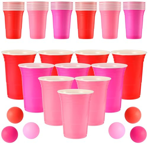 28 Packs Valentine's Day Cup Pong Game Set Includes 22 Pcs 16 Oz Red Pink Cups and 6 Pcs Balls Valentines Party Games for Adults, Party Supplies for Galentines, Birthday, BBQ, Outdoor Toss Games