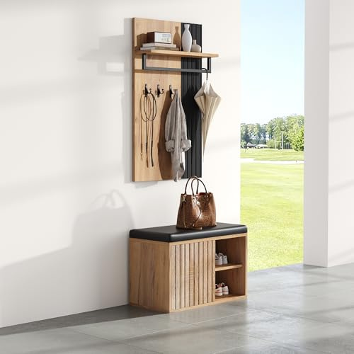 Ligterra 70×36×146cm Schuhbank Wandgarderobe Set, Flurmöbel, Schuhaufbewahrung, Schuhschrank mit 2 Türen, Garderobe mit Rückwand mit 3 Haken für Eingangsbereich, Flur(Natur+Schwarz)