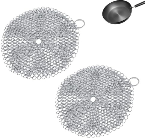 2 Pezzi Lavapavimenti per Cotta di Maglia, Lavapiatti in Metallo Pulitore per Padelle Cuscinetti per Lavaggio in Acciaio Inossidabile con Anello per Appendere per Pentole in Ghisa