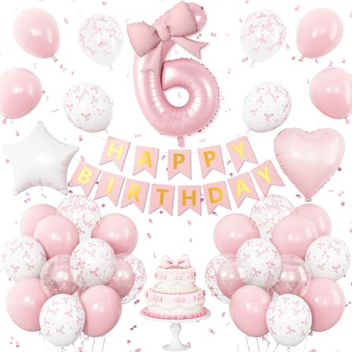 6th Pink Bow Birthday Decorations,Pink White Pastel Bow Balloon Banner Star Heart Number 6 Foil Balloon Princess Bows Theme Party Decor Girl