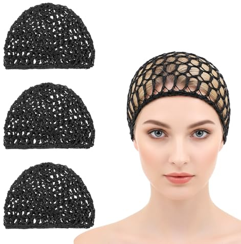 4Pcs Hair Nets for Sleeping in, Black Comfortable Mesh Hair Nets Wrap Cap, Mesh Crochet Design Wrap Cap Bonnet for Silk Press, Fitted Head Cover Perfect for Curls Shower Sleep, 20-22 Inch
