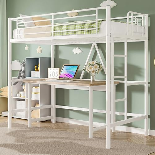 VECELO Metal Bunk Bed Single Size, High Sleeper Bedframe 90×190cm with Removable Ladder and Safety Guardrail, Space-Saving, Noise Free, No Box Spring Needed, White