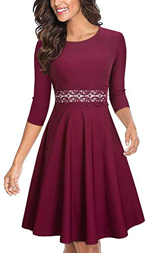 HOMEYEE Dam, vintage, rund hals, ärmlös, blommigt broderad, knälång cocktailklänning UKA079, Karminröd – tyg B, XL