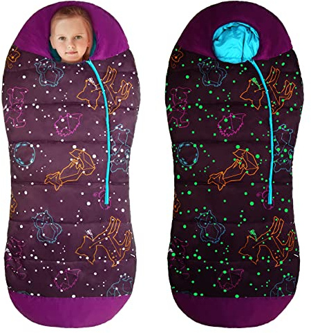 AceCamp Glow in The Dark Mummy Sleeping Bag for Kids and Youth, Temperature Rating 30°F/-1°C, Water-Resistant for Camping, Hiking, and Slumber Party… (Purple, Youth)