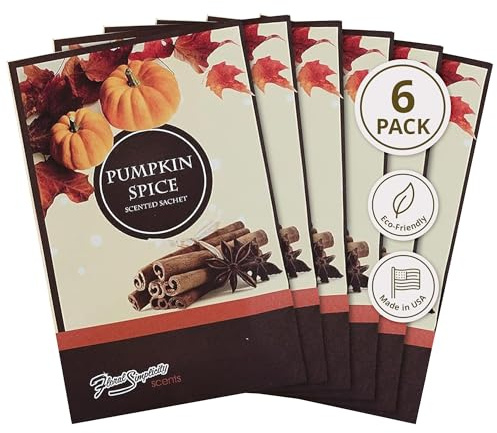 Floral Simplicity Pumpkin Spice Scented Sachets Pack of 6, Fall & Winter - Long-Lasting Scented Bags, Home Fragrance, Air Freshener & Deodorizer for Closet, Room, Drawer, or Cars, Made in USA