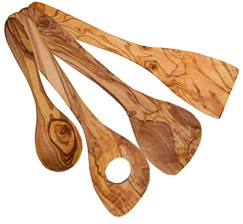 Olivenholz Küchenutensilien 3 Set - Holzlöffel & Kochlöffel, 30 cm & 20 cm Esslöffel, Gratis Beigefügt