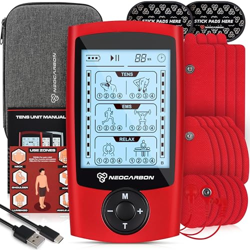 TENS EMS med dubbla kanaler och avslappnande muskelstimulator, elektronisk pulsmassageenhet, 14 elektroddynor, resefodral – tio ems-enhet