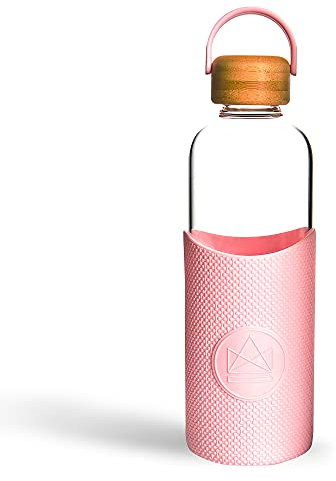 Neon Kactus Glass Water Bottle | Clear Water Bottle with Bamboo Lid and Silicone Sleeve | Reusable Glass Bottle for Hot & Cold Drinks | Leakproof, Non-Permeable, Non-Slip | Pink Flamingo, 1000ml