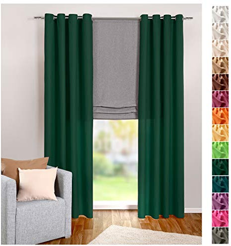 heimtexland ® Cortina con ojales, color verde oscuro, opaca, pero deja pasar la luz, 245 x 140 cm, cortina de microfibra con caída ligera, color verde abeto tipo117