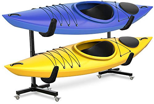 RaxGo Freistehender Kajakständer mit Rädern, Stauraum für zwei Kajak, SUP, Kanu & Paddleboard für Innen, Außen, Garage, Schuppen oder Dock, höhenverstellbar