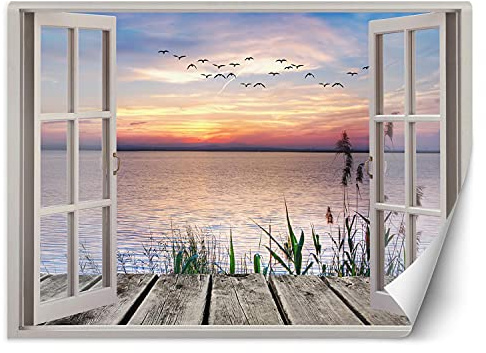 Feeby Papier Peint Intisse Vue De La Fenêtre Illusion 3D 140x100 cm orange Moderne Panoramique XXL Photo Mural Muraux Chambre Bureau Salle Coucher De Soleil Oiseaux