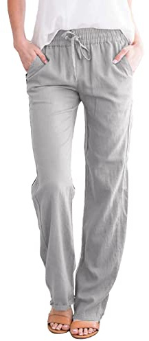 Yuson Girl Damen Freizeit Hose,Sommerhose mit Kordelzug und Taschen,Elegant Baumwolle Leinenhose,Casual Einfarbig Freizeithose für Reisen Casual Daily Outing