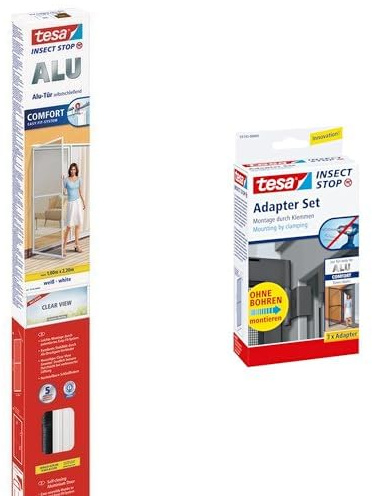 tesa Insect Stop ALU COMFORT Fliegengitter für Türen inkl Adapter für bohrfreie Befestigung - Insektengitter mit Aluminium-Rahmen & Clear View - Tür Insektenschutz - Weiß, 100 cm x 220 cm