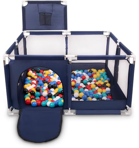 Selonis Laufstall Mit Korb Und 100 Bälle Laufgitter Für Kinder, Blau:Schwarz/Weiß/Blau/Rot/Gelb/Türkis