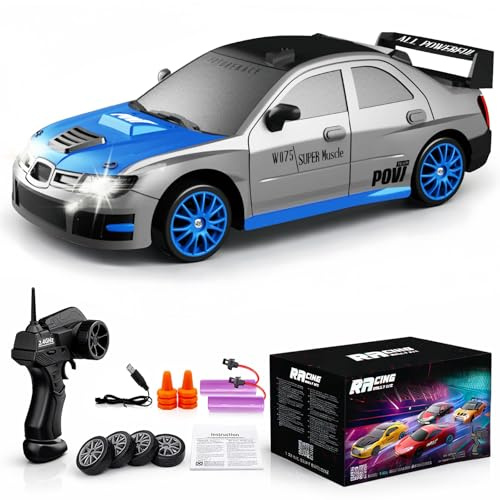 Remote Control Car RC Drift Car 2.4GHz 1:24 Scale 4WD 15KM/H High Speed Model Vehicle with LED Lights Drifting Tire Racing Sport Toy Car for Adults Boys Girls Kids Gift 2Pcs Rechargeable Batteries