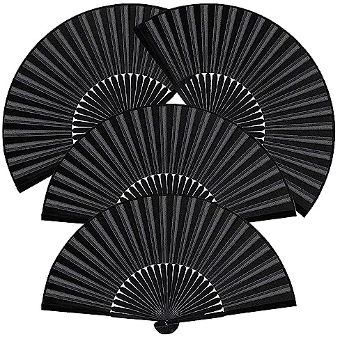LETTERASHQP Fächer Schwarz, 4 Stück Silk Handfächer Schwarz Chinesische Handfächer Vintage Handheld Faltventilator, Orientalischer Bambus Fächer für Hochzeiten, Leistung, Tanz, Party, Sommer Geschenk