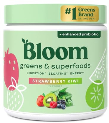 Bloom Nutrition Greens and Superfoods Powder for Digestive Health, Greens Powder, Digestive Enzymes, Probiotics, Spirulina, Chlorella for Bloating & Gut Support, Green Juice, 30 SVG, Strawberry Kiwi