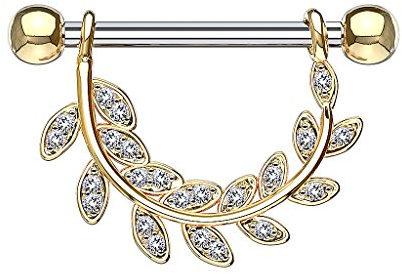 Taffstyle Piercing Schmuck Brustwarzenpiercing Brustwarze Intimpiercing Brust Nippel Intim Ohr Ohrpiercing Barbell gerade Hantel Stab mit Glitzer Kristall Anhänger Filigran Blatt Gold