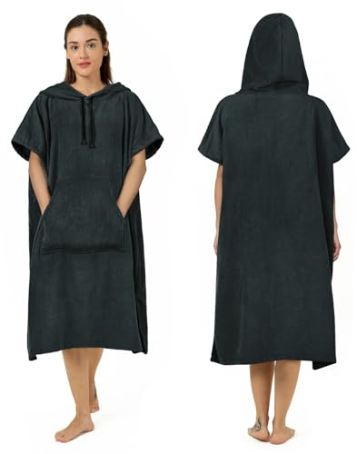 Zingtto Surf poncho omlottrock, extra stor, tjock, handduksponcho för kvinnor och män, med ficka med huva för strand, simning, 104,1 x 83,8 cm, svart