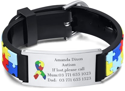Personalised Child Safety ID Wristband - Engraved Name Contact Number Emergency Medical Bracelet for Autism Kids, Customised Anti Lost ID Wristband for Children Boys Girls, Waterproof Adjustable